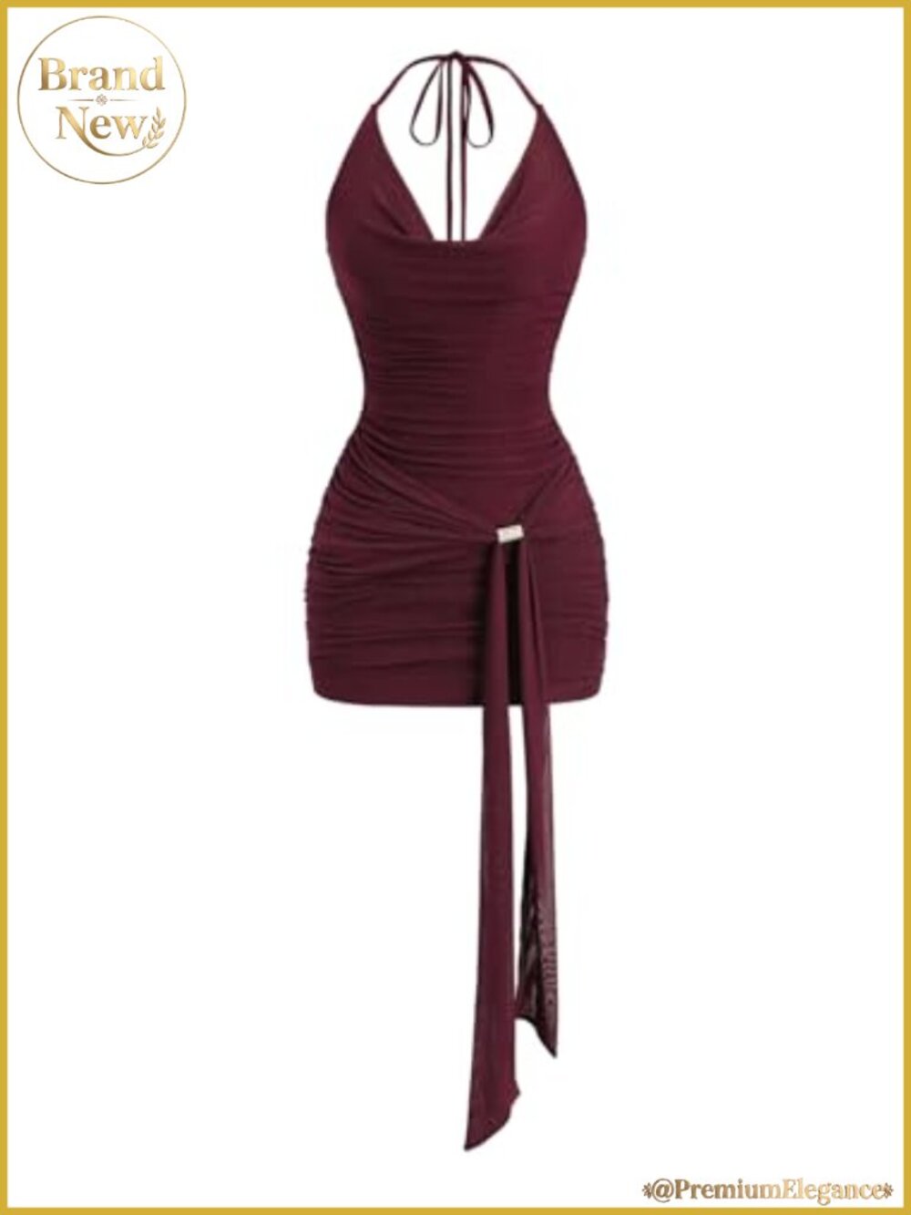 Sleeveless Halter Neck Open Back Bodycon Mini Dress Draped Front Ruched Tie
